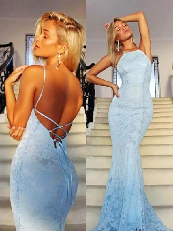 statement-making party dressesCustom Made Mermaid Backless Lace Light Blue Prom Dresses, Light Blue Mermaid Formal Dresses, Light Blue Lace Evening Dresses