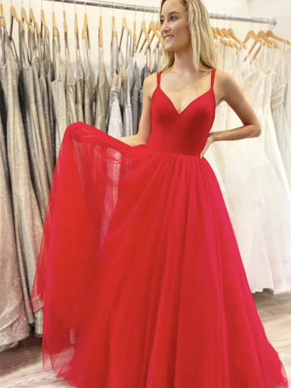 short party dressesA Line V Neck Red Chiffon Long Prom Dresses, Red Long Formal Graduation Evening Dresses