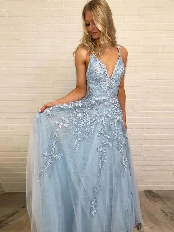 Halloween party dressesA Line V Neck Lace Sky Blue Long Prom Dresses, Sky Blue Lace Formal Dresses, V Neck Sky Blue Evening Dresses