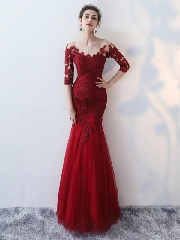 statement-making party dressesHalf Sleeves Mermaid Burgundy Lace Prom Dress, Mermaid Burgundy Lace Formal Dress, Mermaid Evening Dress