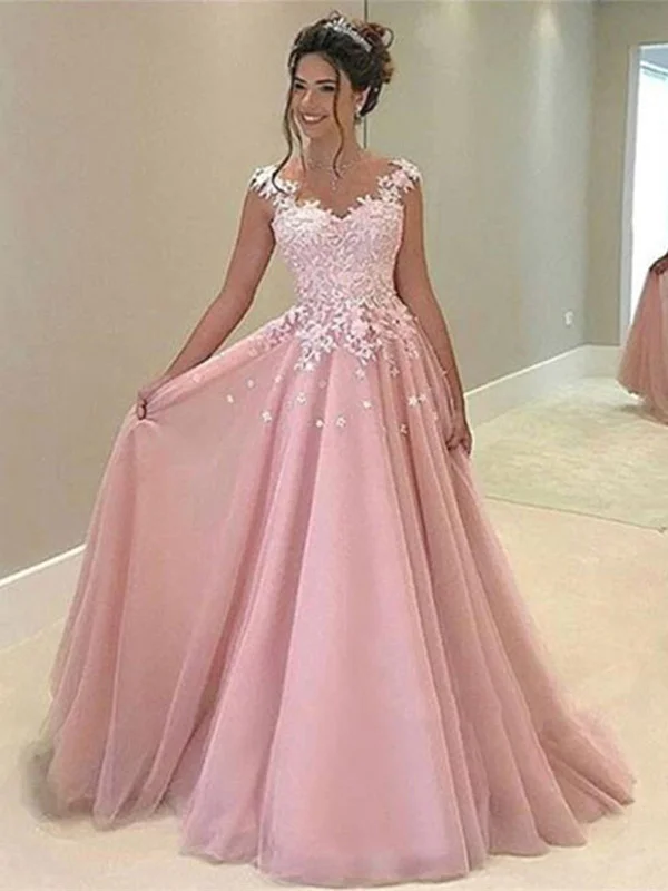 maxi party dressesCute Applique Lace Pink Prom Dresses, Pink Formal Dresses, Pink Evening Dresses