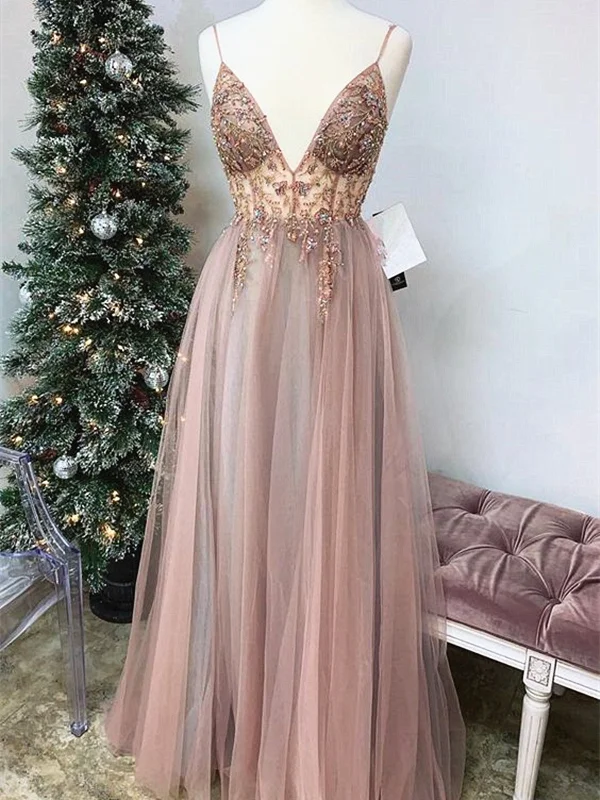 lace party dressesShiny A Line V Neck Champagne Beaded Long Prom Dresses, Champagne Long Formal Evening Dresses with Beadings