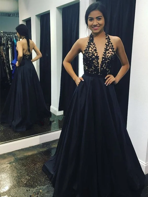 breathable party dressesA Line V neck Backless Lace Black Prom Dresses with Pockets, Black Formal Dresses, Evening Dresses