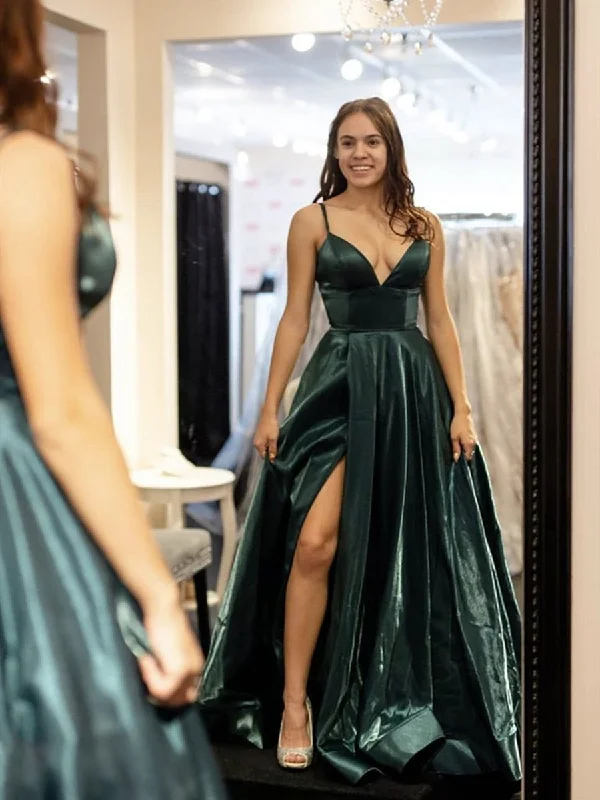 lace party dressesV Neck Dark Green Long Prom Dresses with High Slit, V Neck Dark Green Formal Dresses, Green Evening Dresses