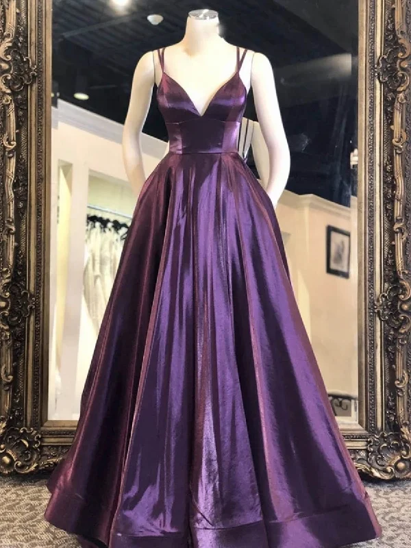 stylish party dressesV Neck Purple Satin Long Prom Dresses, Purple Formal Graduation Evening Dresses