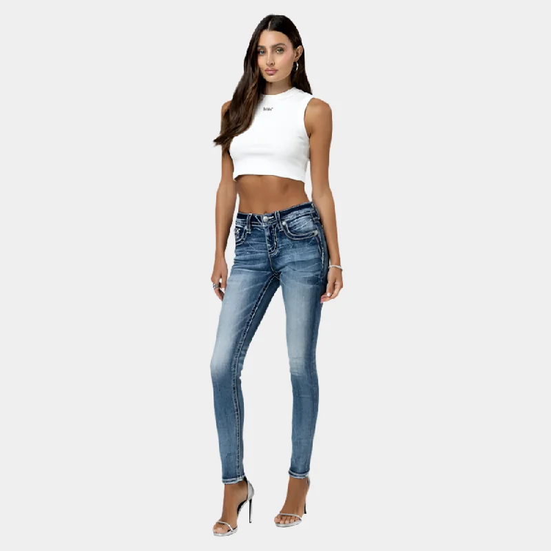 women's denim jeans with embroideryMiss Me Torn Saddle Stitch Skinny Jeans