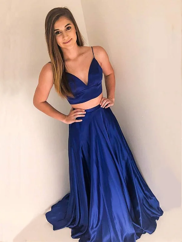 tulle party dressesV Neck Two Pieces Royal Blue Long Prom Dresses, Two Pieces Royal Blue Formal Graduation Evening Dresses