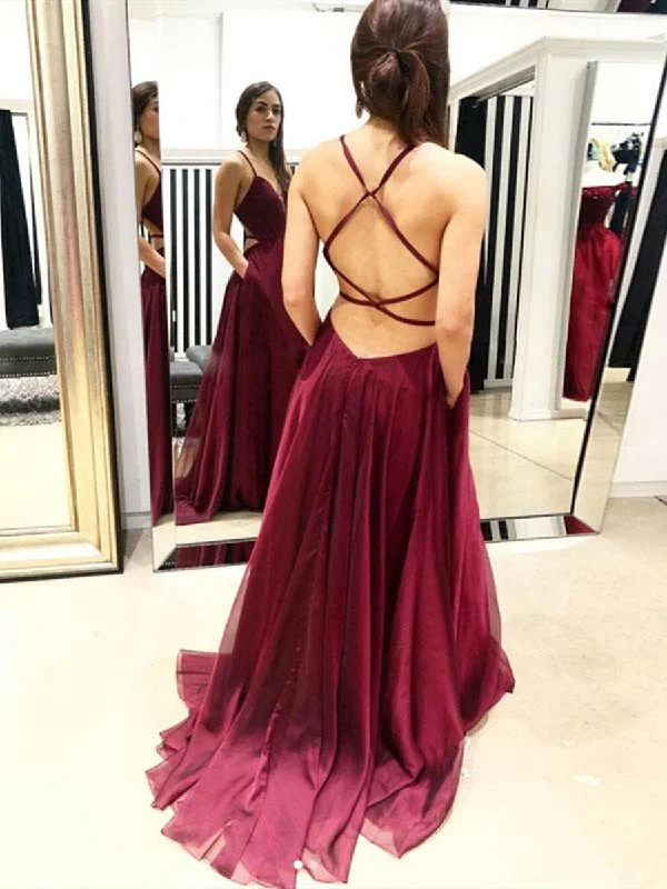 custom-made party dressesA Line V Neck Backless Burgundy Chiffon Long Prom Dresses with Pocket, Backless Burgundy Formal Graduation Evening Dresses