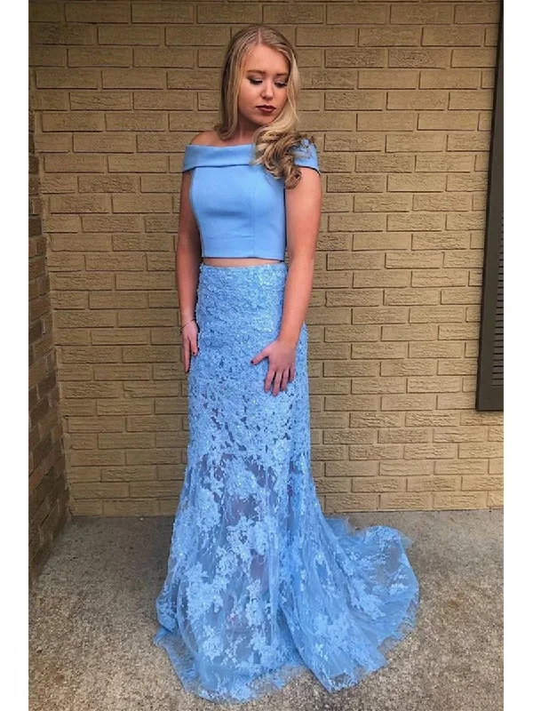 pastel party dressesOff Shoulder Two Pieces Mermaid Lace Light Blue Long Prom Dresses with Train, Light Blue Lace Formal Dresses, Evening Dresses