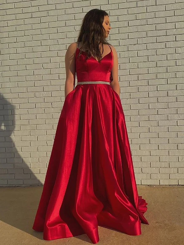 budget-friendly party dressesA Line V Neck Red Satin Long Prom Dresses with Belt, V Neck Red Formal Dresses, Red Evening Dresses