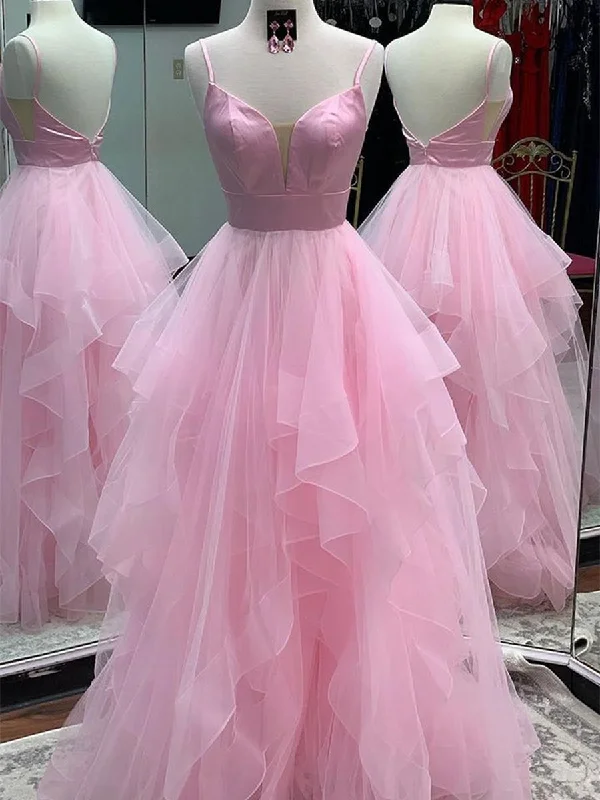 eco-friendly party dressesPrincess V Neck Backless Pink Prom Dresses, Backless Pink Formal Dresses, Fluffy Pink Evening Dresses, Pink Ball Gown