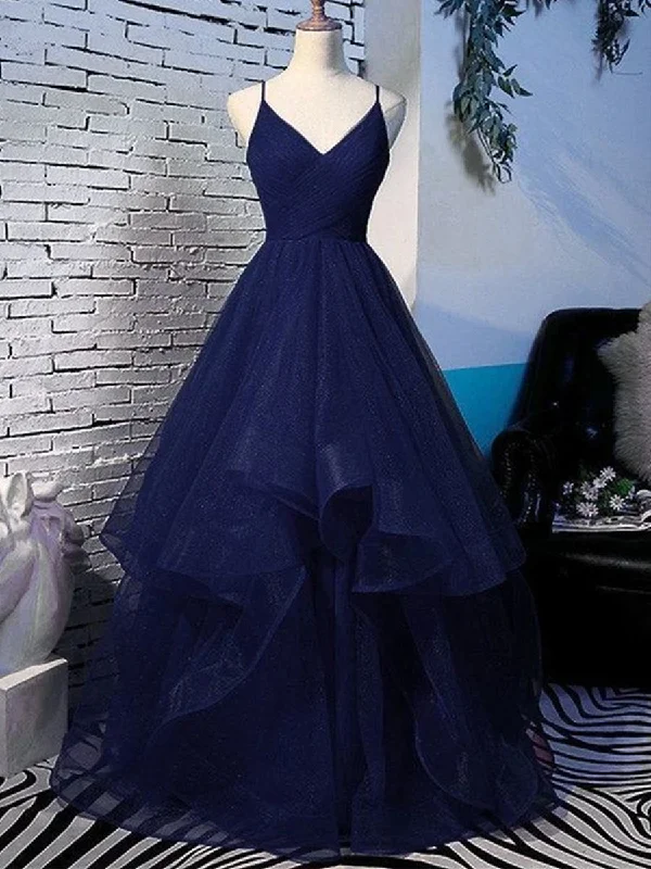 high-low party dressesShiny V Neck Navy Blue Long Prom Dresses, Fluffy Navy Blue Formal Evening Dresses, Sparkly Ball Gown