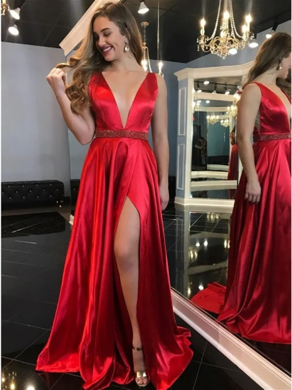 pastel party dressesElegant V Neck Red Satin Long Prom Dresses 2020 with High Slit, V Neck Red Formal Graduation Evening Dresses