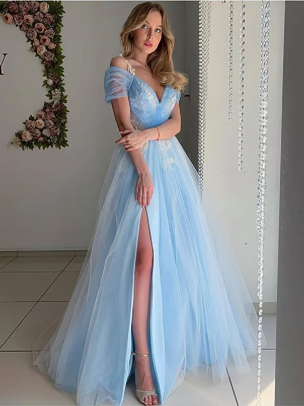 statement-making party dressesElegant Off Shoulder Light Blue Tulle Long Prom Dresses, Off the Shoulder Light Blue Formal Evening Dresses