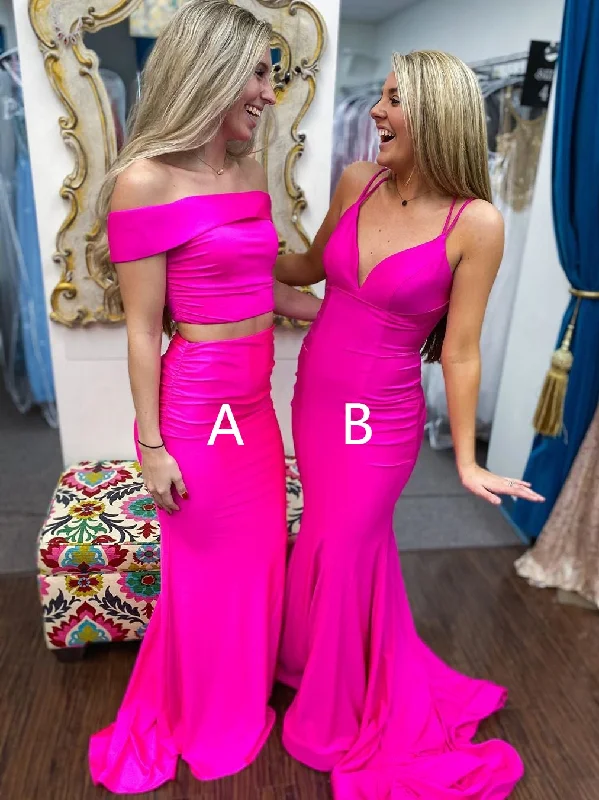 high-low party dressesV Neck Off Shoulder Two Pieces Mermaid Long Hot Pink Prom Dresses, Off Shoulder Mermaid Hot Pink Formal Dresses, 2 Pieces Mermaid Hot Pink Evening Dresses