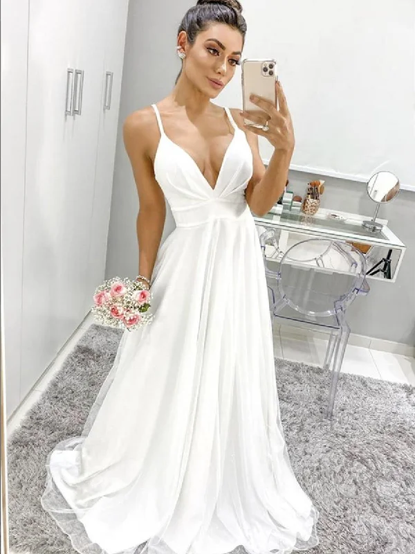 figure-flattering party dressesA Line V Neck Spaghetti Straps Backless White Prom Dresses, Backless White Formal Graduation Evening Dresses