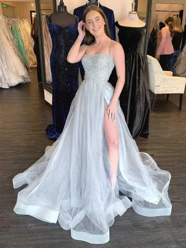 semi-formal party dressesA Line Spaghetti Straps Grey Beaded Long Prom Dresses with High Split, Grey Formal Graduation Evening Dresses with Beads