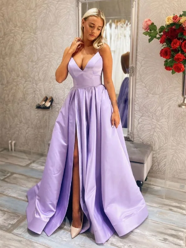 bridesmaid party dressesNewest V Neck Purple Satin Long Prom Dresses with Slit, V Neck Purple Formal Dresses, Purple Evening Dresses