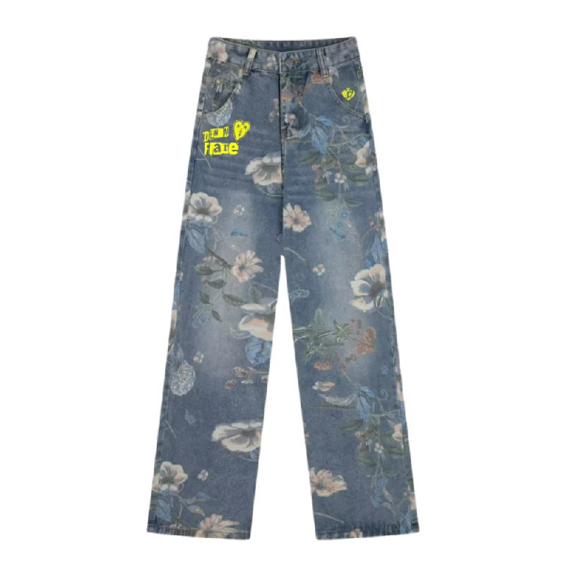 women's skinny denim jeansDF High Street Floral Print Wide Leg Jeans