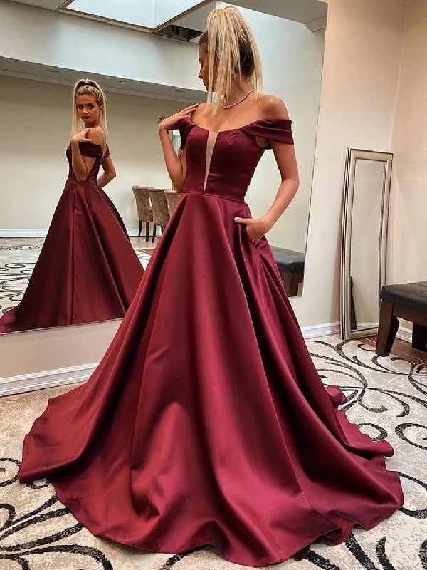 cotton party dressesCustom Made Off Shoulder Burgundy Long Prom Dresses with Pocket, Off Shoulder Maroon Formal Dresses, Wine Red Evening Dresses