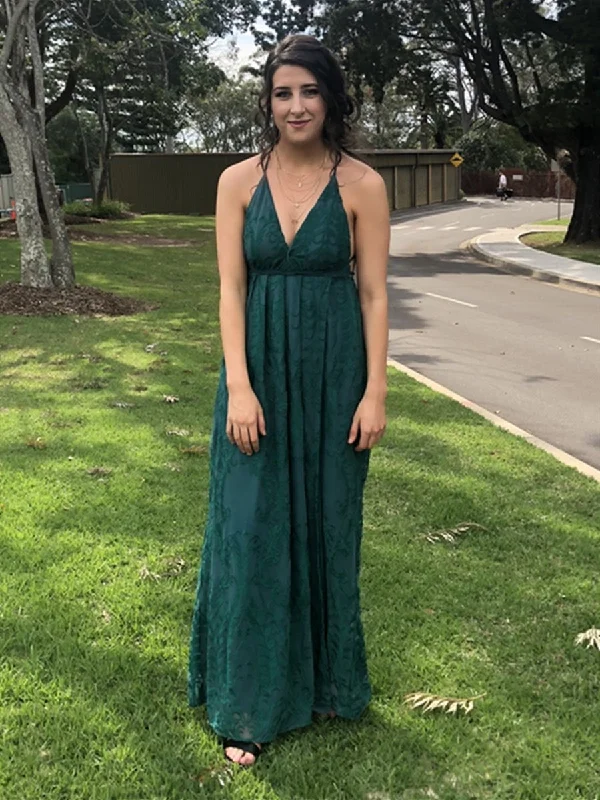 satin party dressesGreen A Line V Neck Backless Lace Prom Dresses with High Slit, Backless Green Lace Formal Graduation Evening Dresses