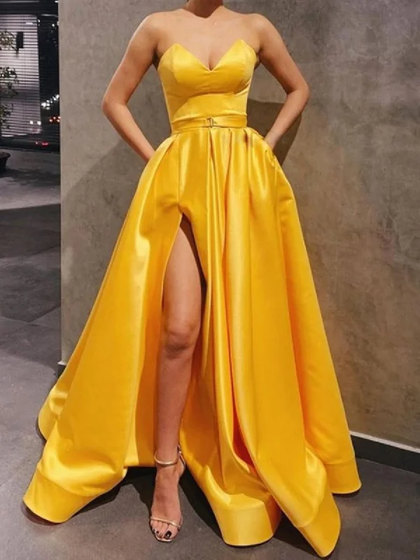 off-the-shoulder party dressesSweetheart Neck Strapless Yellow Satin Long Prom Dresses, Yellow Satin Long Formal Graduation Evening Dresses