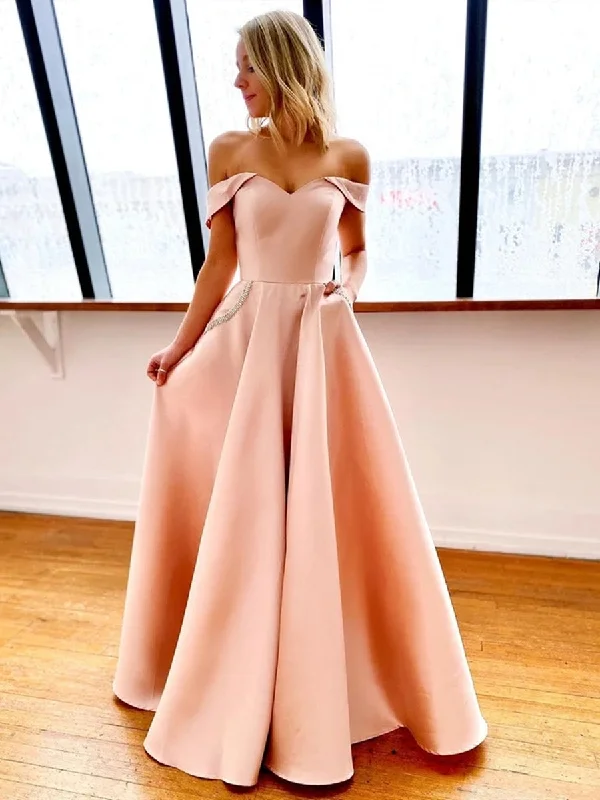 flashy party dressesOff Shoulder Pink Long Prom Dresses with Pocket, Off the Shoulder Pink Formal Dresses, Pink Evening Dresses