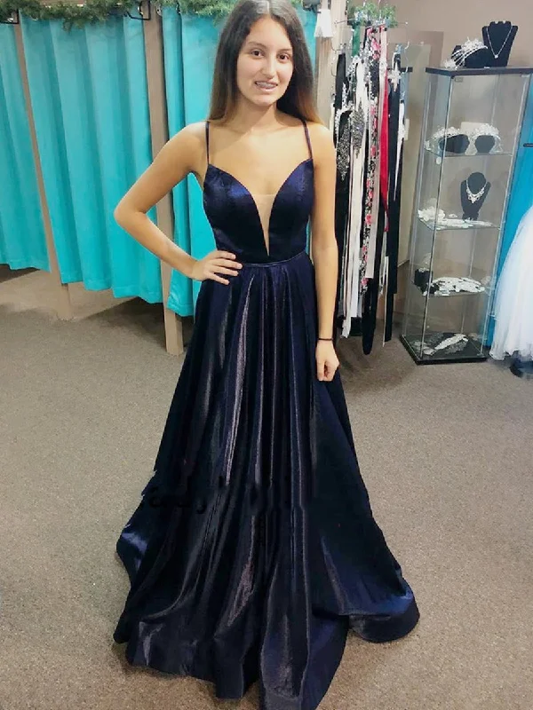 polka dot party dressesV Neck Backless Navy Blue Satin Long Prom Dresses, Long Dark Blue Formal Graduation Evening Dresses