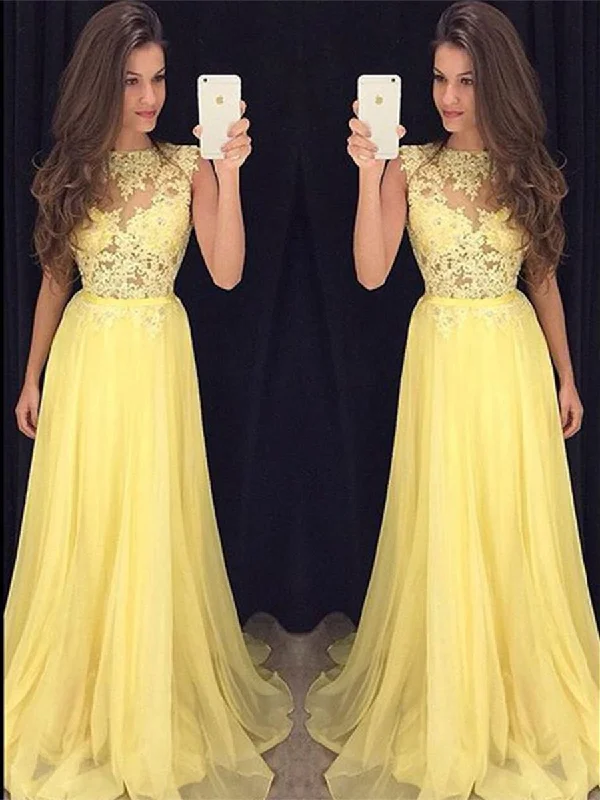 prom party dressesCustom Made A Line Round Neck Lace Yellow Chiffon Long Prom Dresses, Yellow Lace Graduation Dresses, Formal Evening Dresses