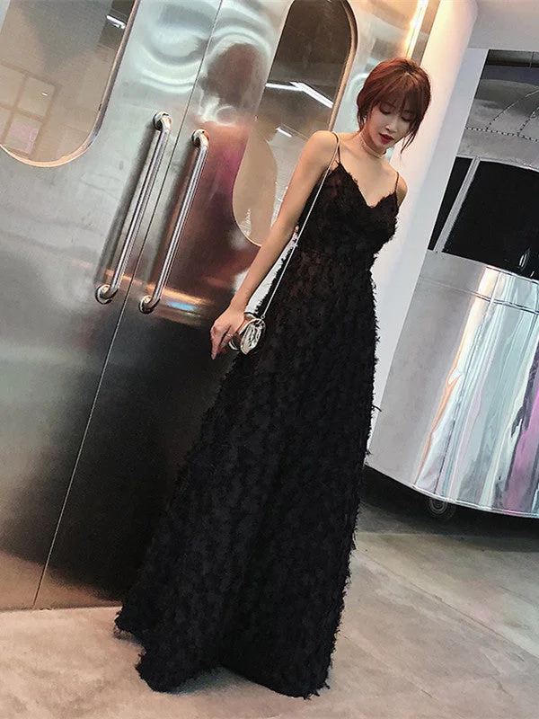 mermaid party dressesA Line V Neck Backless Black Lace Long Prom Dresses, Lace Black Formal Dresses, Evening Dresses