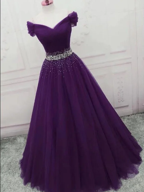 illusion-sleeve party dressesCharming Off Shoulder Dark Purple Tulle Long Prom Dresses with Sequins, Dark Purple Formal Graduation Evening Dresses