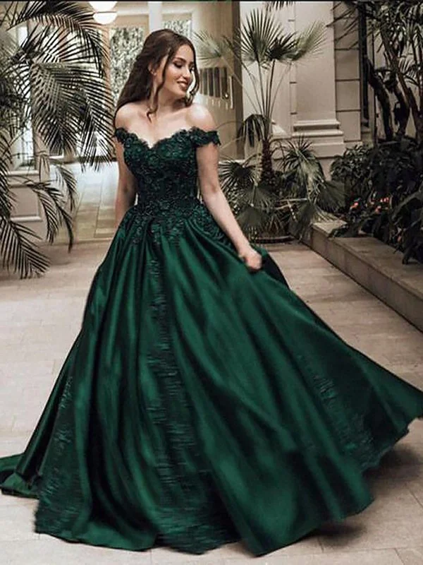 mother-of-the-bride party dressesOff Shoulder Lace Green Prom Dress, Green Ball Gown, Off Shoulder Dark Green Evening Dress