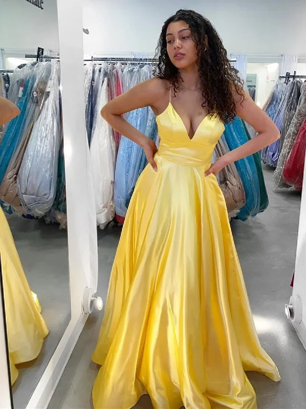 holiday party dressesA Line V Neck Yellow Satin Long Prom Dresses, Yellow Satin Long Formal Evening Dresses