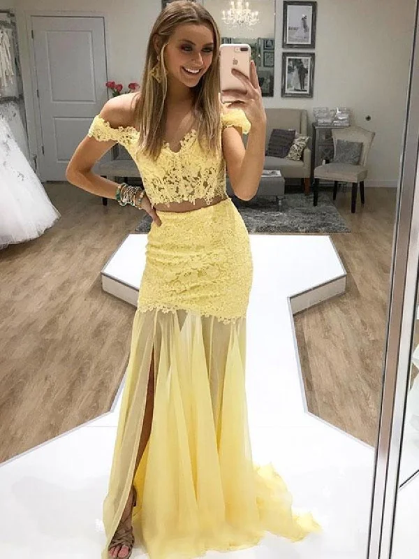 ready-to-wear party dressesTwo Pieces Off Shoulder Mermaid Lace Yellow Prom Dresses with Slit, Off Shoulder Mermaid Formal Dresses, Yellow Lace Evening Dresses