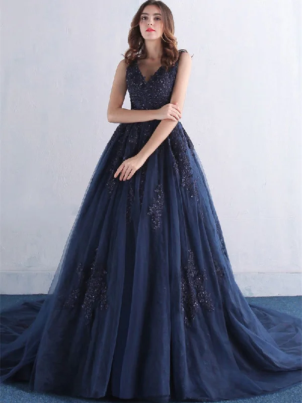 spring party dressesV Neck Dark Blue Lace Prom Dress, Blue Prom Dress, Blue Evening Dress