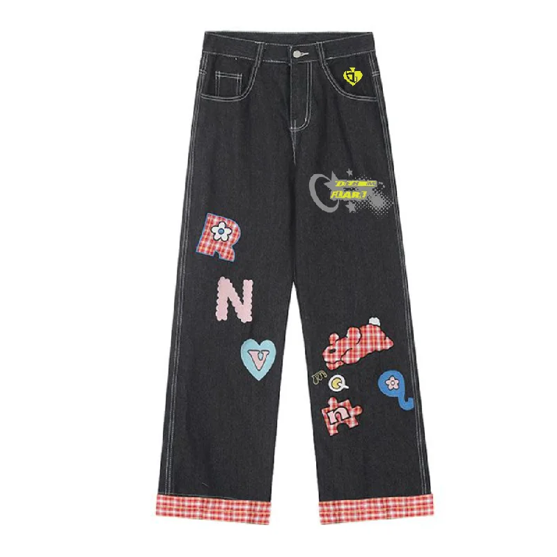 women's denim jeans for partiesDF| Plaid Embroidered Patch Jeans