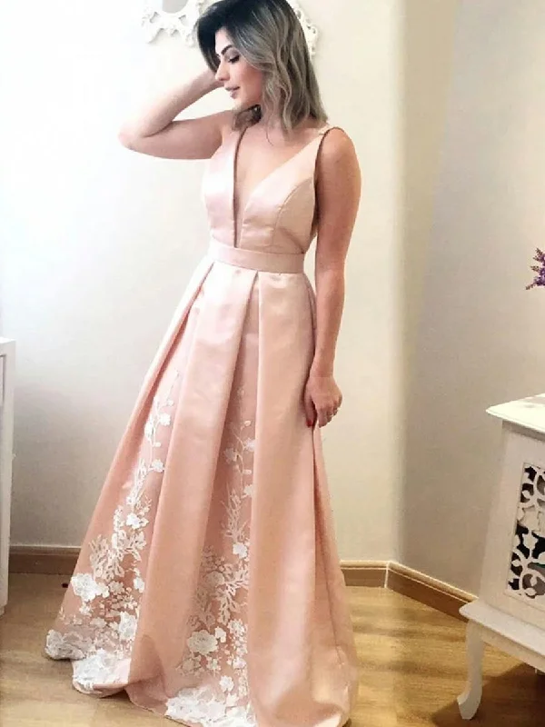 stretchy party dressesPink A Line V Neck Floor Length Lace Appliques Pleated Satin Long Prom Dresses, V Neck Pink Formal Graduation Evening Dresses