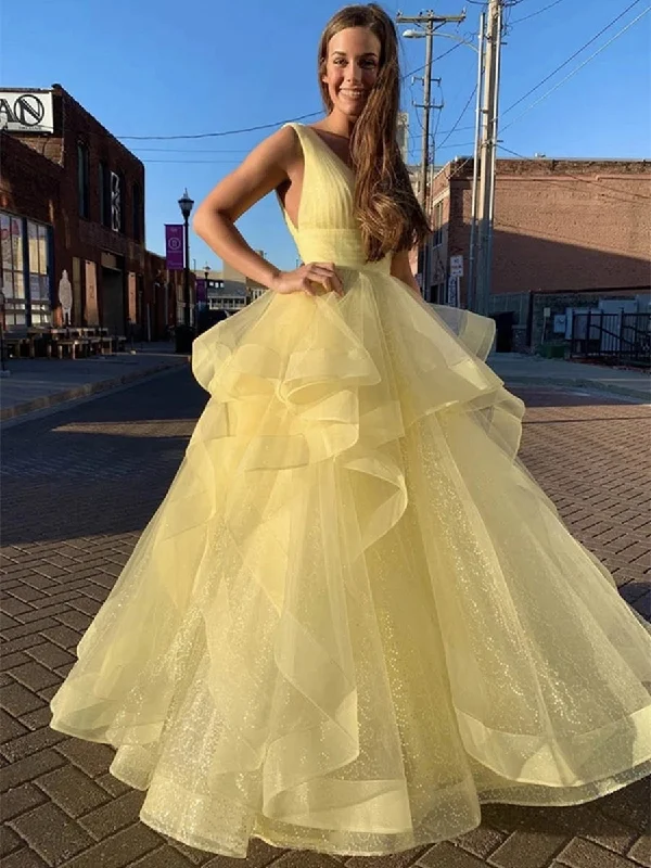 eco-friendly party dressesShiny V Neck Sequins Yellow Long Prom Dresses, Fluffy Yellow Formal Evening Dresses, Sparkly Ball Gown