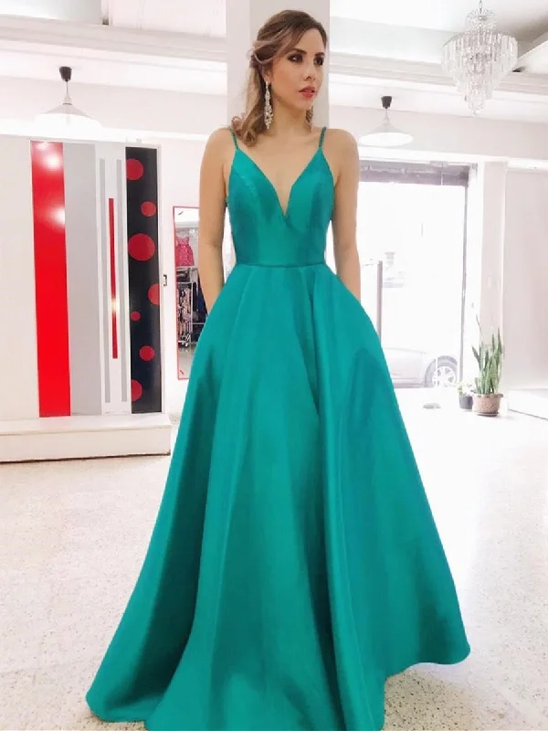 mother-of-the-bride party dressesA Line V Neck Backless Green Long Prom Dresses with Pocket, Backless Green Formal Graduation Evening Dresses