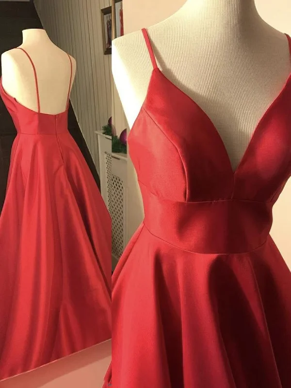 bohemian party dressesSimple A Line V Neck Backless Red Satin Long Prom Dresses, Backless Red Formal Dresses, Red Evening Dresses