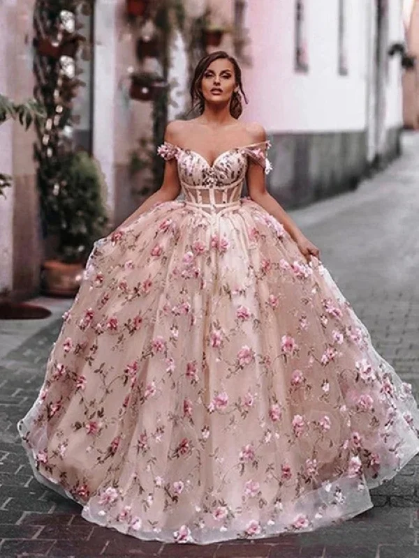 chic party dressesOff Shoulder Pink Floral Long Prom Dresses, Off the Shoulder Pink Formal Dresses, Pink Evening Dresses