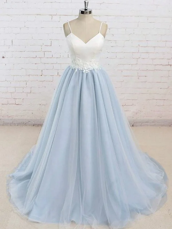 cocktail party dressesA Line V Neck Backless Light Blue Tulle Long Prom Dresses with White Lace Appliques, Light Blue Graduation Dresses, Light Blue Formal Evening Dresses