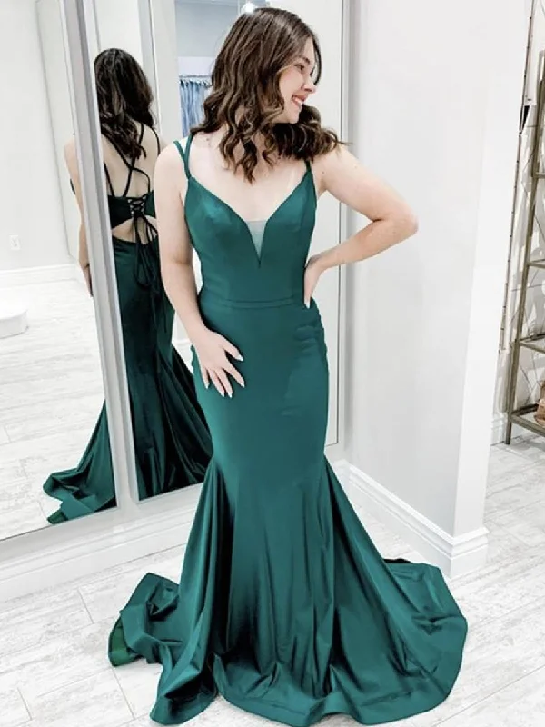 bodycon party dressesMermaid V Neck Backless Green Long Prom Dresses, Green Mermaid Formal Graduation Evening Dresses