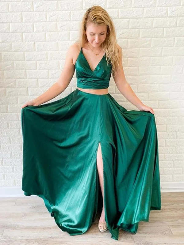 bridesmaid party dressesV Neck Two Pieces Backless Green Prom Dresses with Leg Split, Two Pieces Backless Green Formal Graduation Evening Dresses