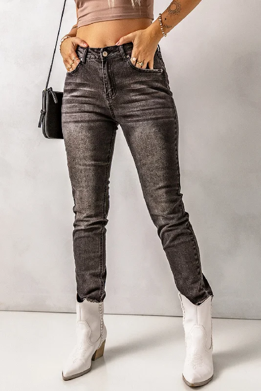 women's acid-washed denim jeansHigh Waist Raw Hem Skinny Jeans