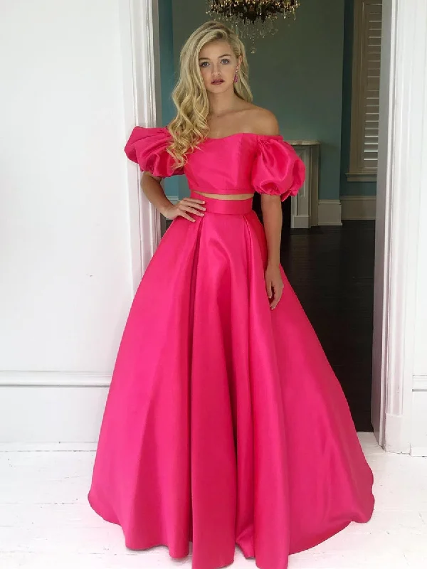 figure-flattering party dressesOff the Shoulder 2 Pieces Hot Pink Long Prom Dresses, Off Shoulder Hot Pink Formal Dresses, Hot Pink Evening Dresses