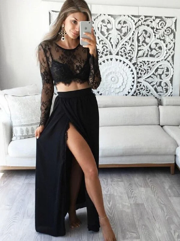 bachelorette party dressesLong Sleeves 2 Pieces Lace Black Long Prom Dresses with High Slit, 2 Pieces Black Lace Graduation Dresses, Evening Dresses