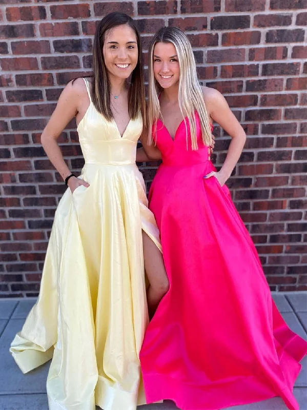 flutter-sleeve party dressesV Neck Backless High Slit Yellow/Hot Pink Long Prom Dresses with Pockets, Yellow/Hot Pink Formal Graduation Evening Dresses