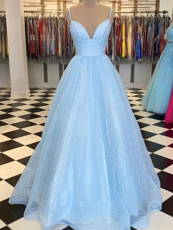 spring party dressesShiny Sequins V Neck Long Blue Prom Dresses with Straps, V Neck Blue Formal Graduation Evening Dresses