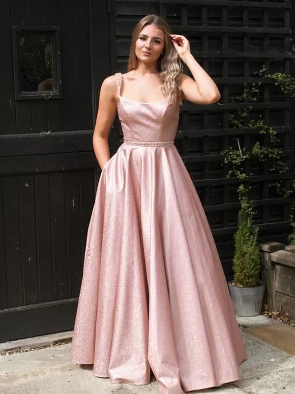 pool party dressesStylish A Line Floor Length Pink Long Prom Dresses with Straps, Shiny Pink Formal Evening Dresses